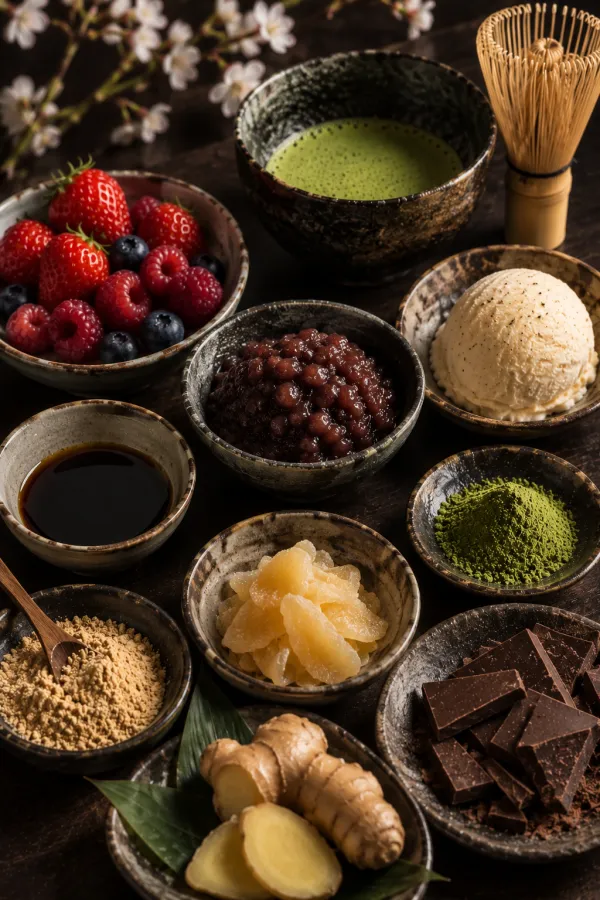 Sobremesa de encerramento: matcha, frutas vermelhas, anko, sorvete e chocolate